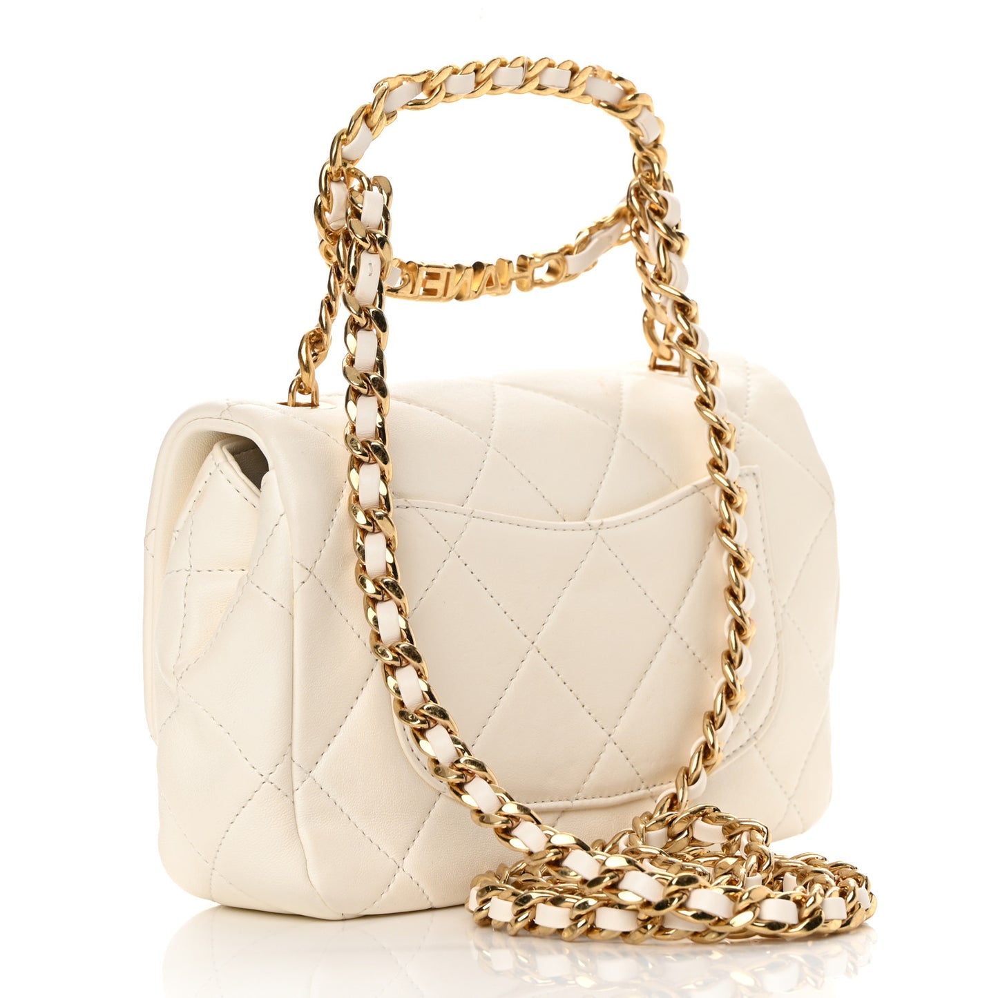 Lambskin Quilted Logo Mini Flap With Handle White