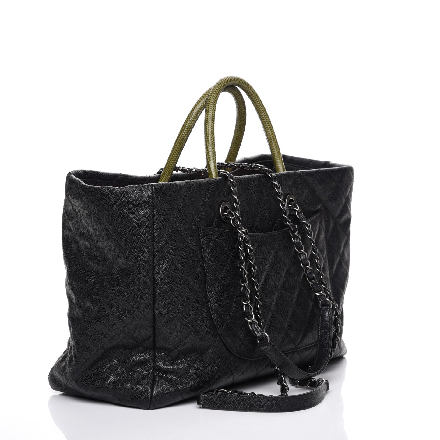 Caviar Lizard Quilted Large Coco Handle Shopping Tote Black