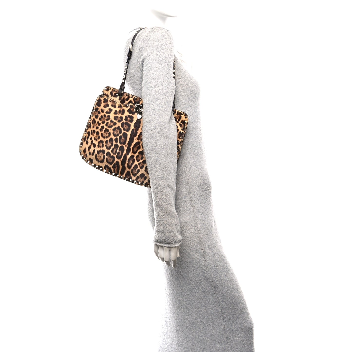 Calf Hair Leopard Print Rockstud Shoulder Bag