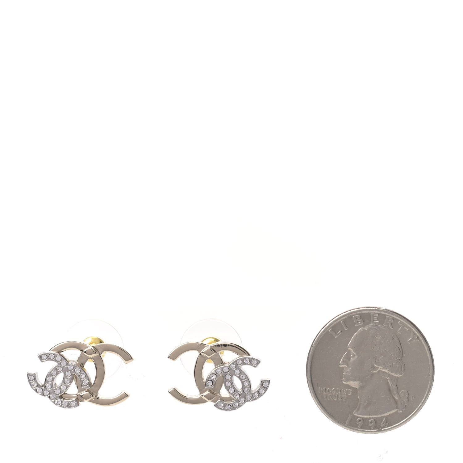 Chanel Crystal Double CC Earrings Gold Silver 2 of 4