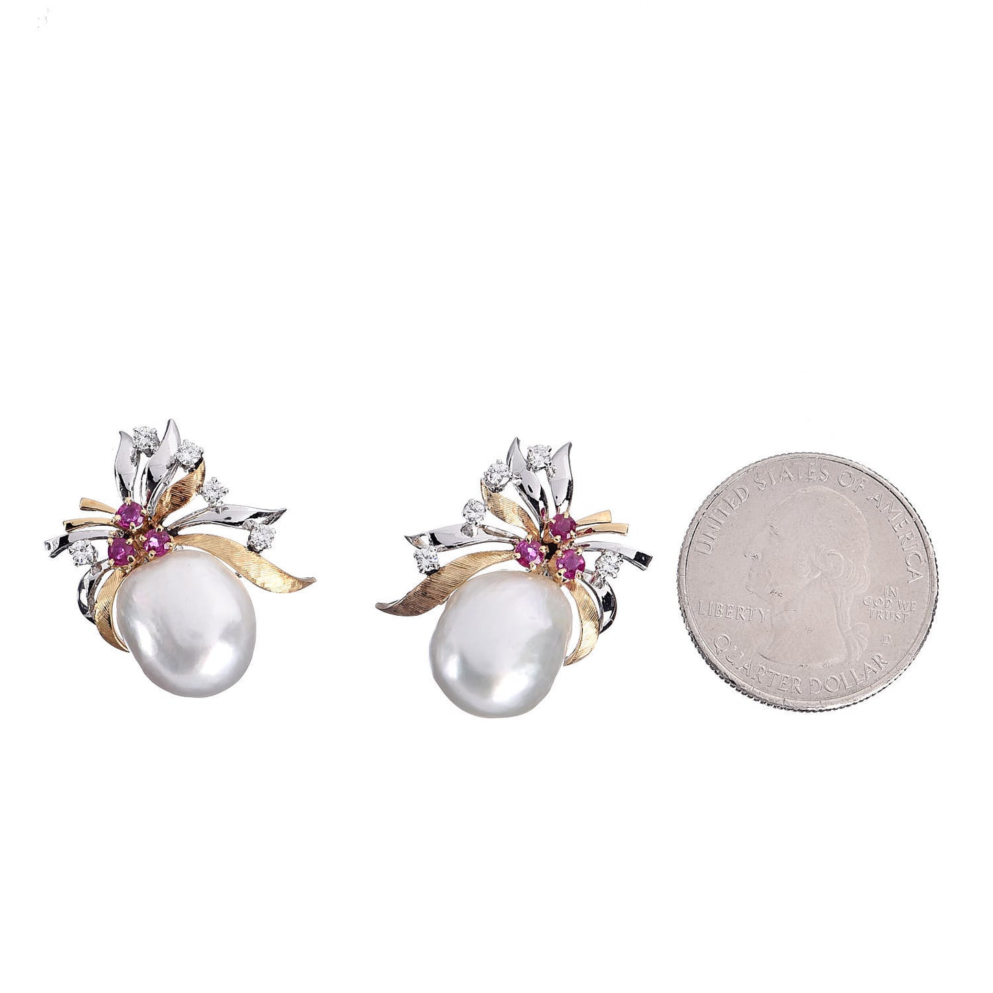 18K Yellow Gold 14K White Gold Diamond Ruby Baroque Pearl Screw Back Earrings