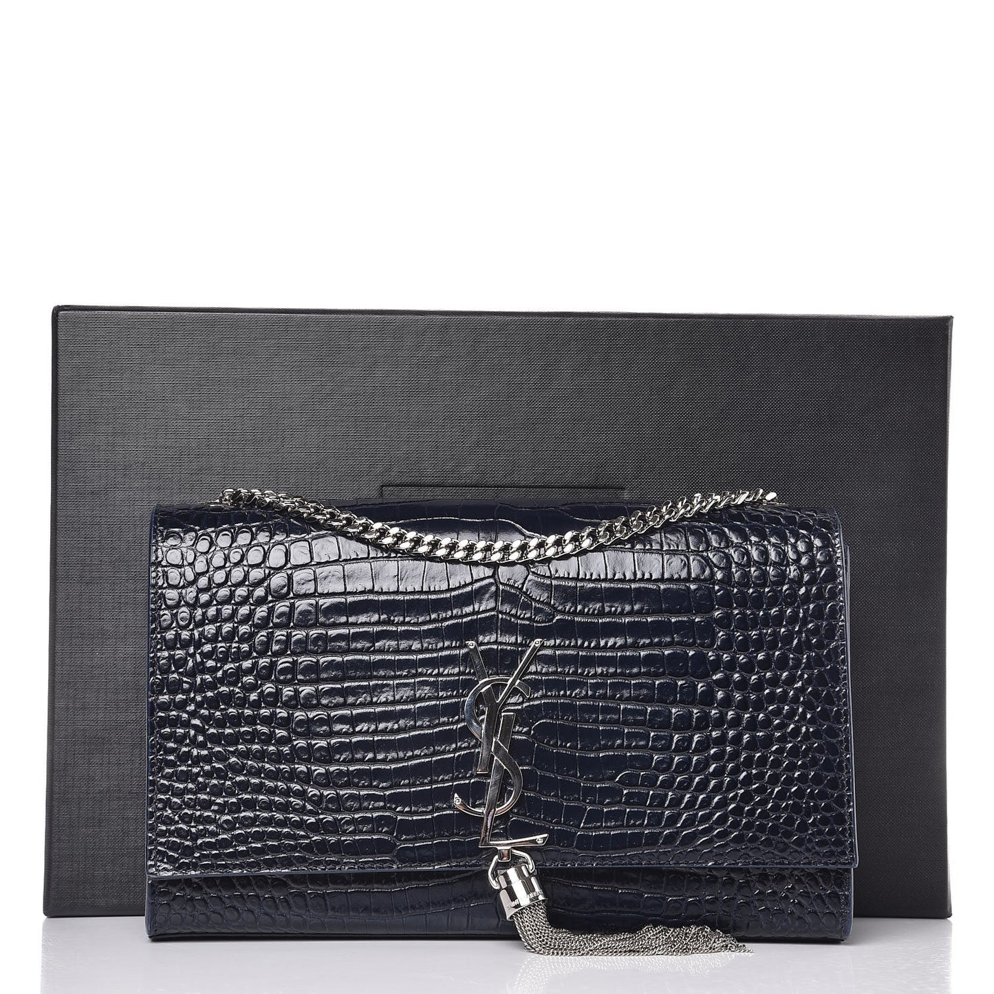 Calfskin Crocodile Embossed Medium Classic Monogram Kate Tassel Satchel Blue Sapphire