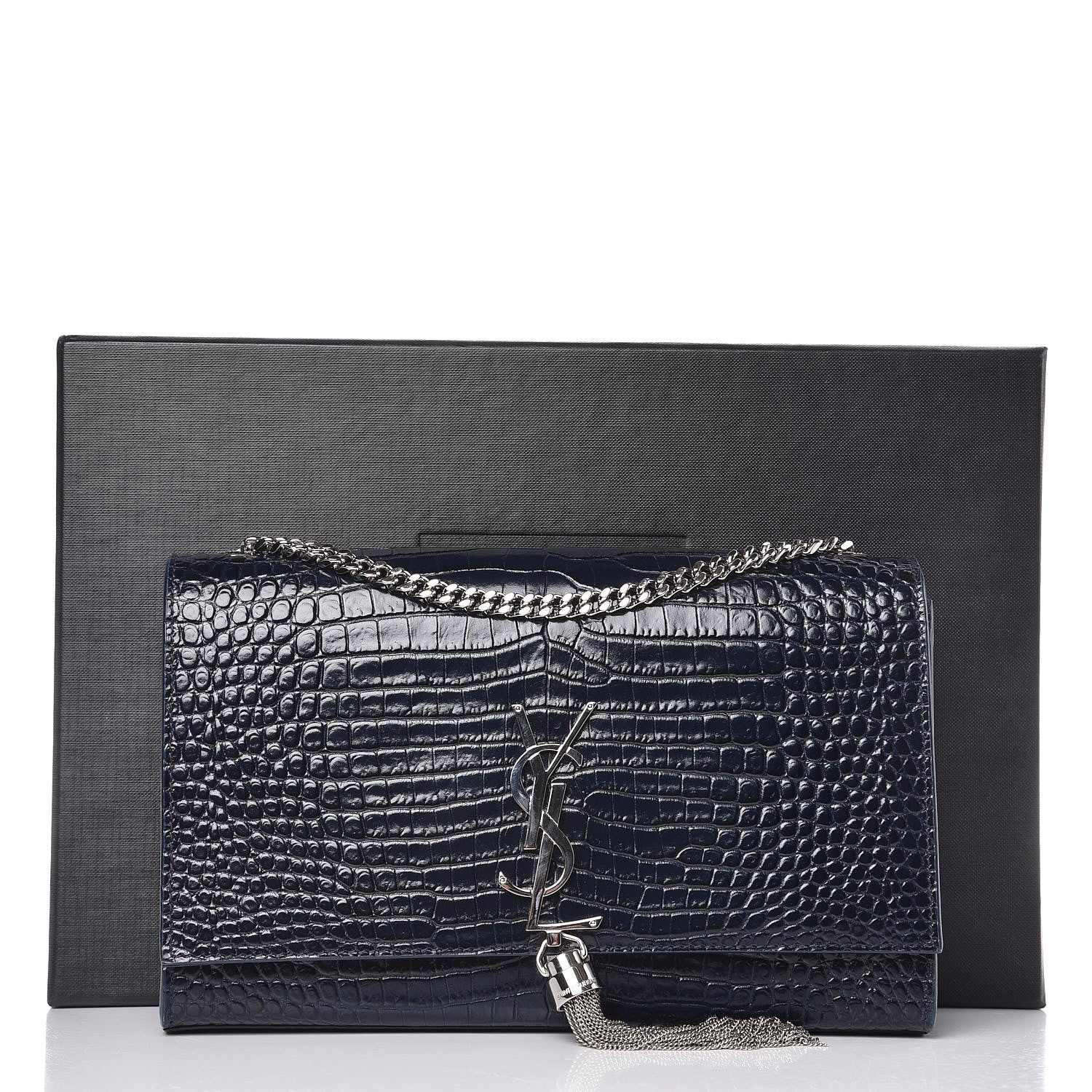 Saint Laurent Calfskin Crocodile Embossed Medium Classic Monogram Kate Tassel Satchel Blue Sapphire 12 of 12