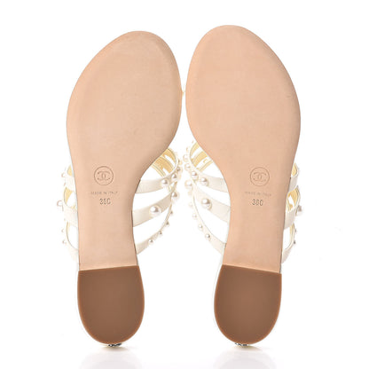 Chanel Lambskin Pearl Sandals 38 Beige 5 of 9