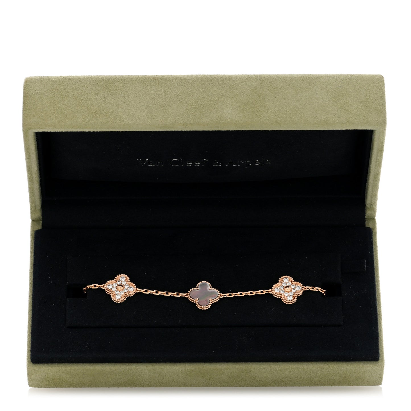 18K Rose Gold Diamond Gray Mother of Pearl 5 Motifs Vintage Alhambra Bracelet