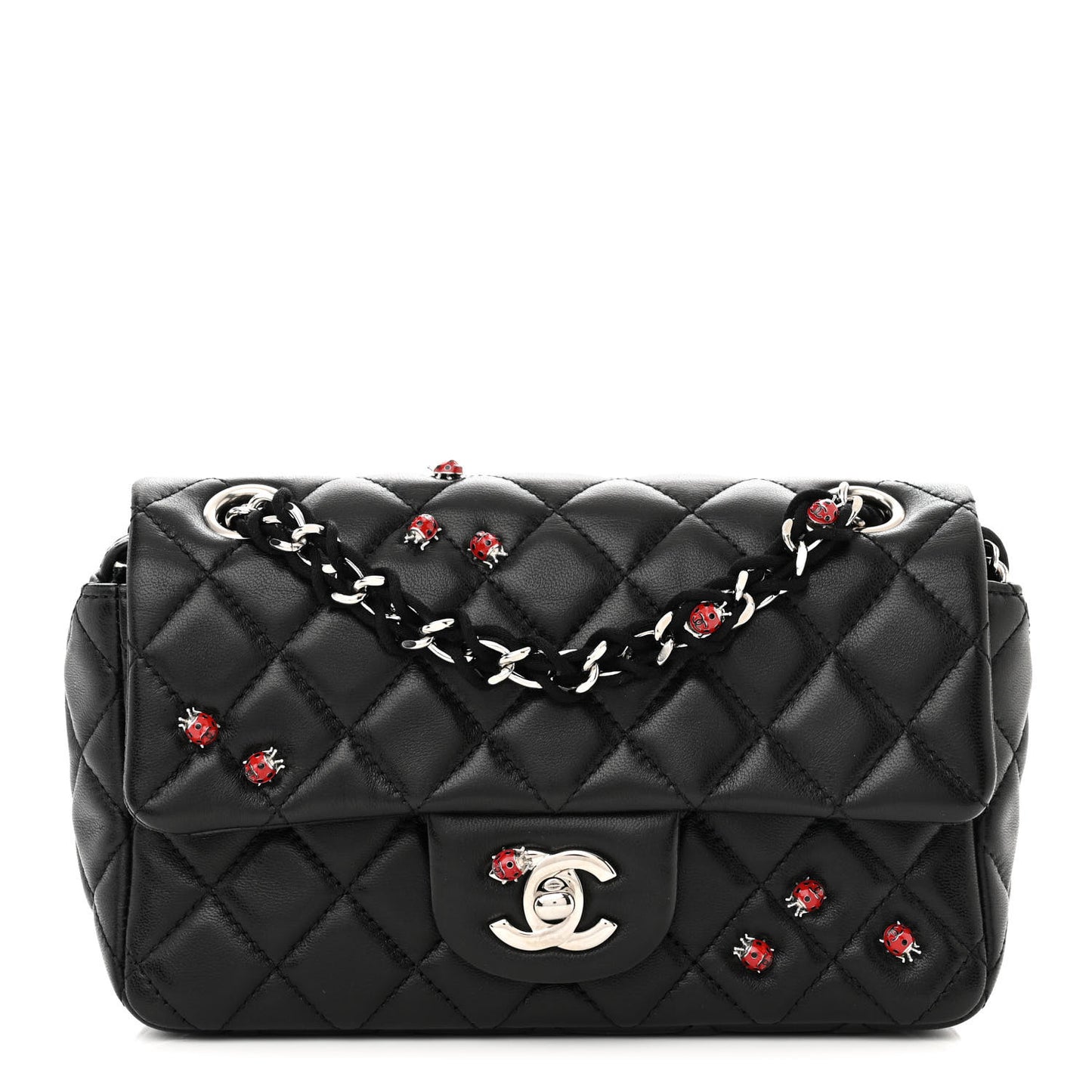 Lambskin Quilted Embellished Mini Ladybug Rectangular Flap Black