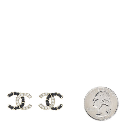 Chanel Crystal Baguette Lambskin Chain CC Vintage Allure Stud Earrings Black Gold 2 of 5