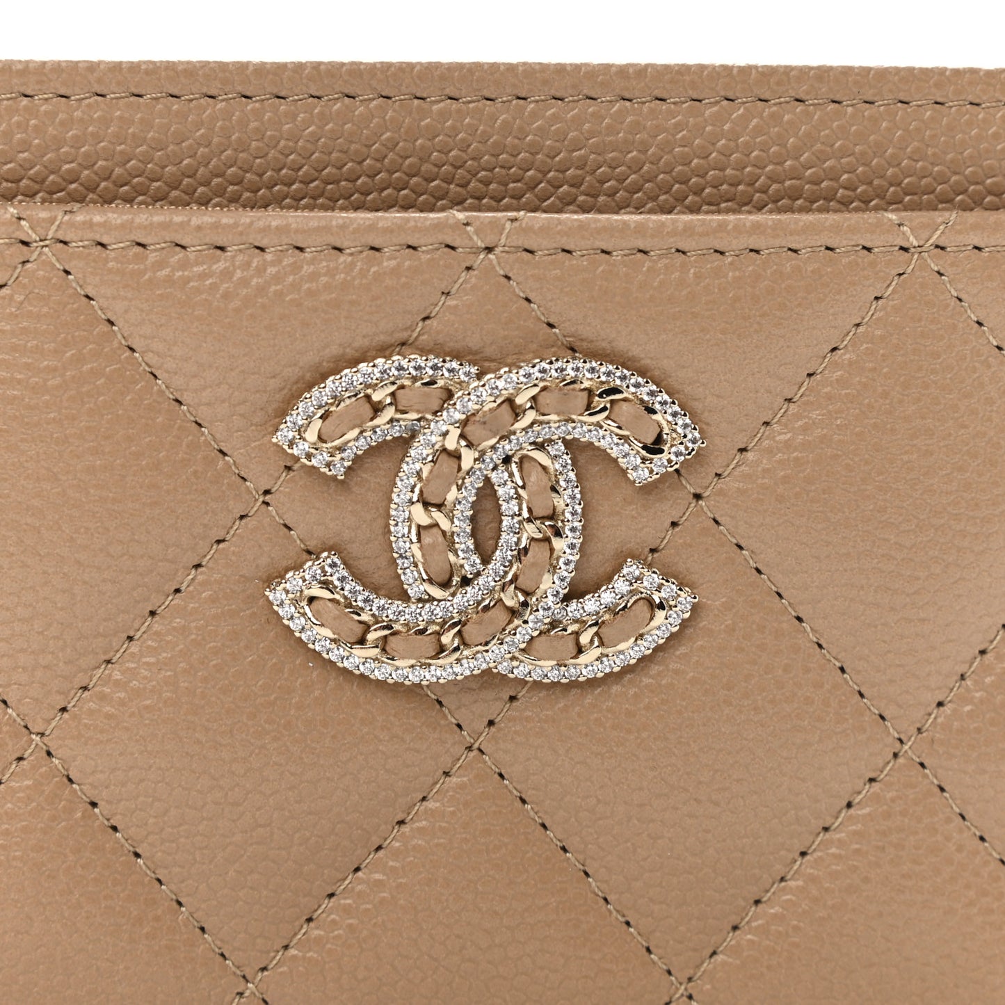 Caviar Quilted Crystal Card Holder Beige