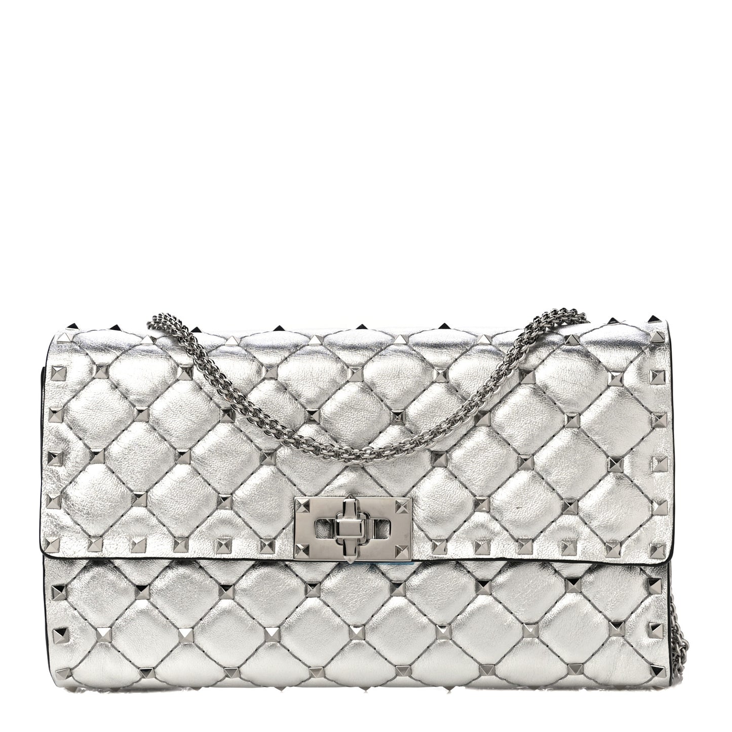 Metallic Nappa Rockstud Spike Wallet on Chain Silver