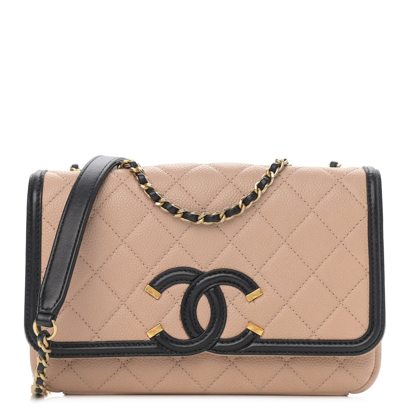 Caviar Quilted Small CC Filigree Flap Beige Black