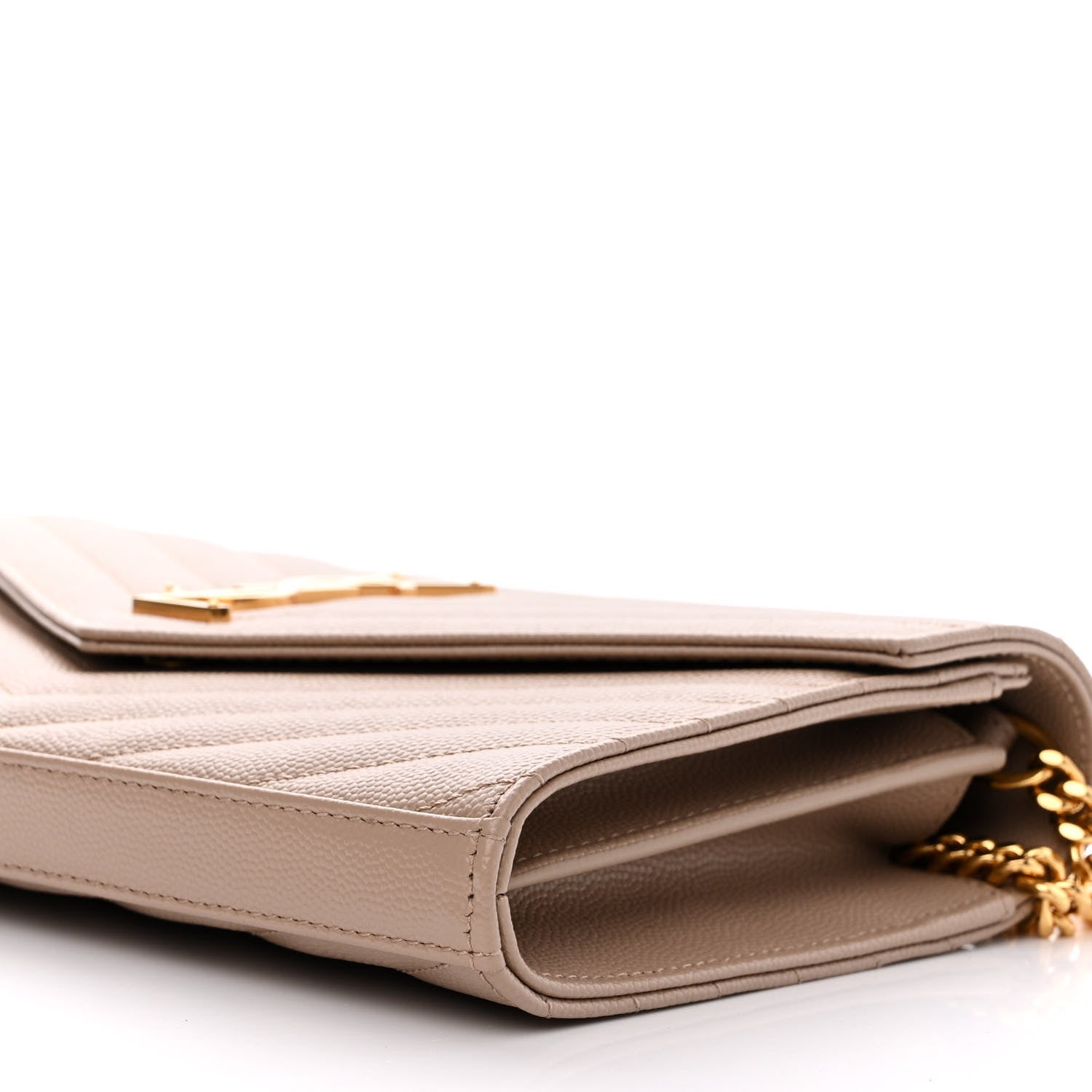 Saint Laurent Grain De Poudre Matelasse Chevron Monogram Chain Wallet Dark Beige 10 of 11