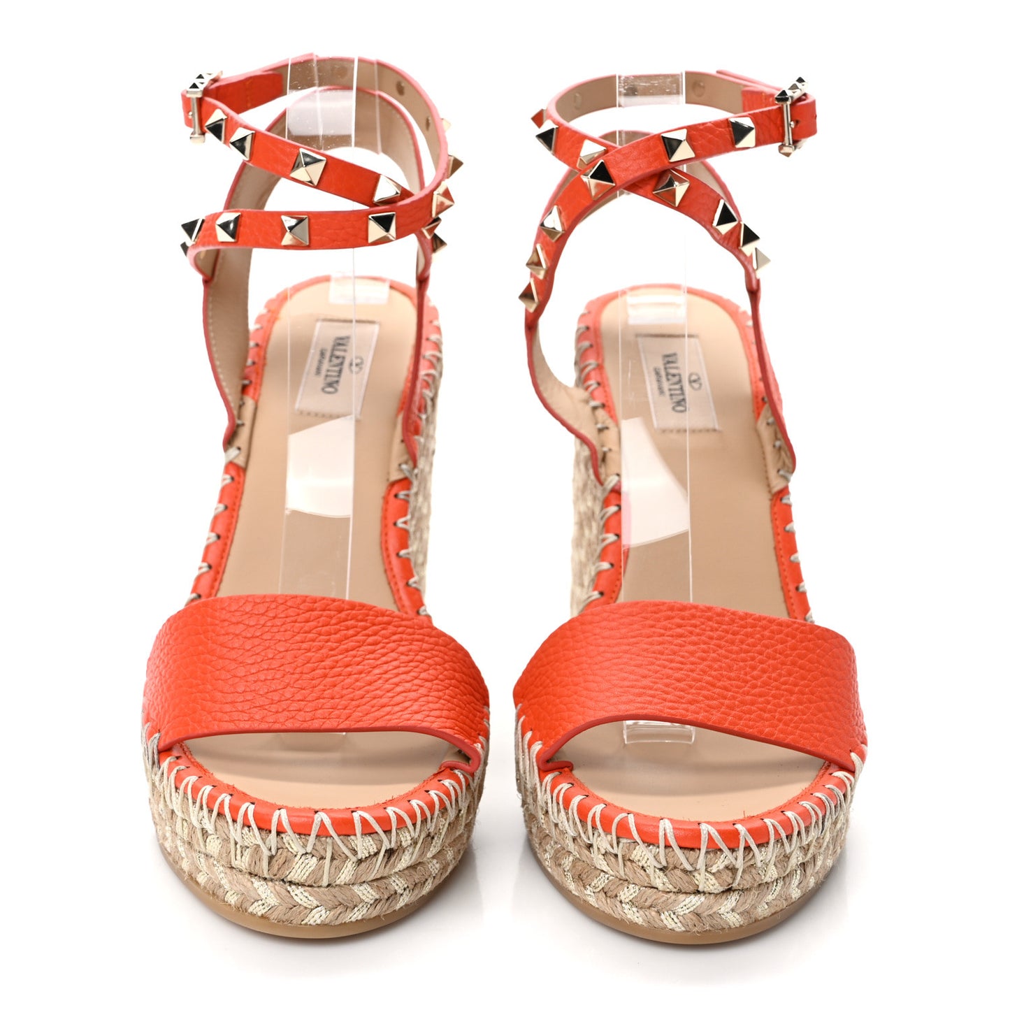 Grained Calfskin Rockstud Ankle Strap Espadrille 15/105mm Wedge Sandals 39 Titian Natural