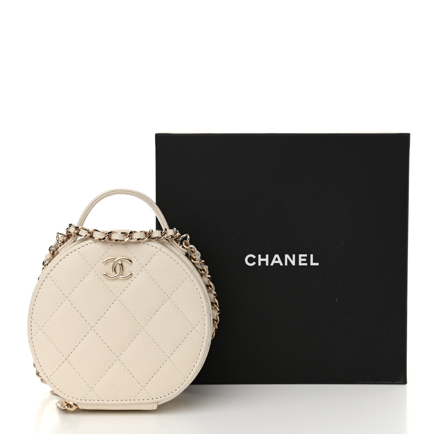 Caviar Quilted Round Handle With Care Vanity With Chain White