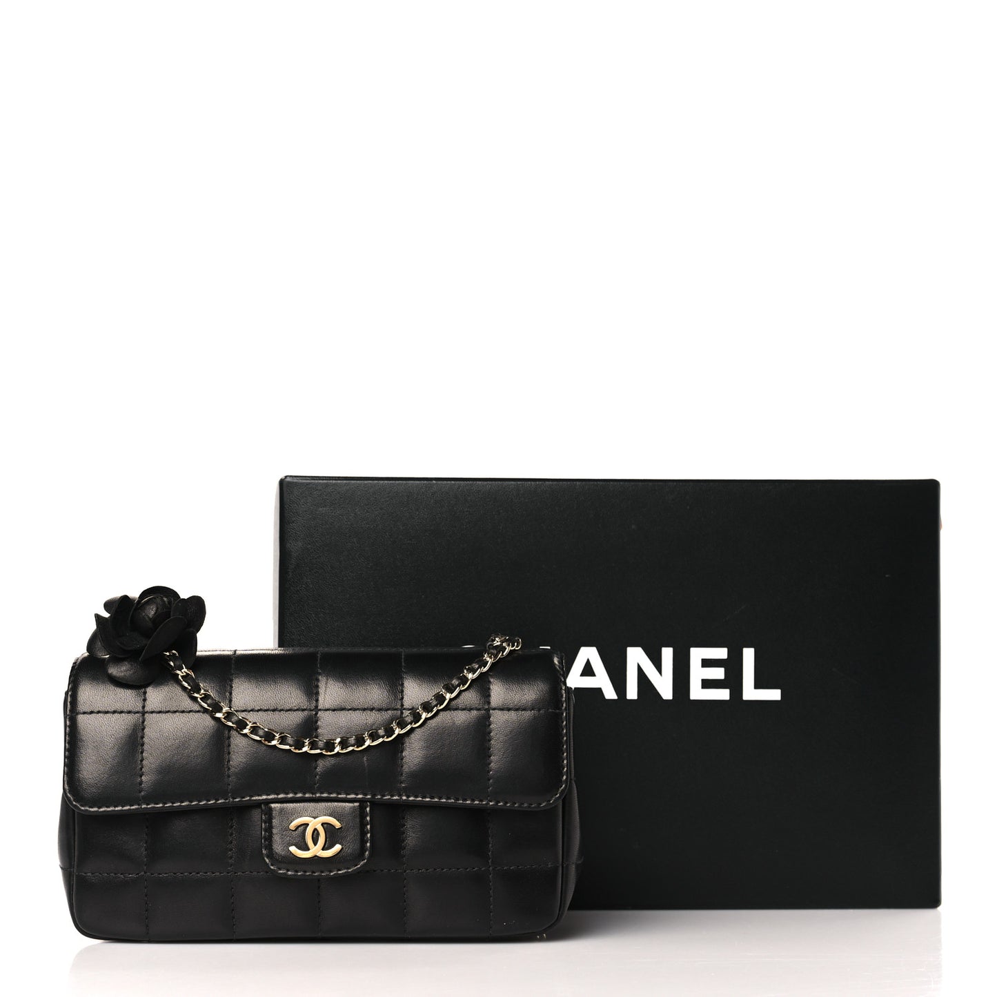 Lambskin Quilted Mini Chocolate Bar Camellia Flap Black