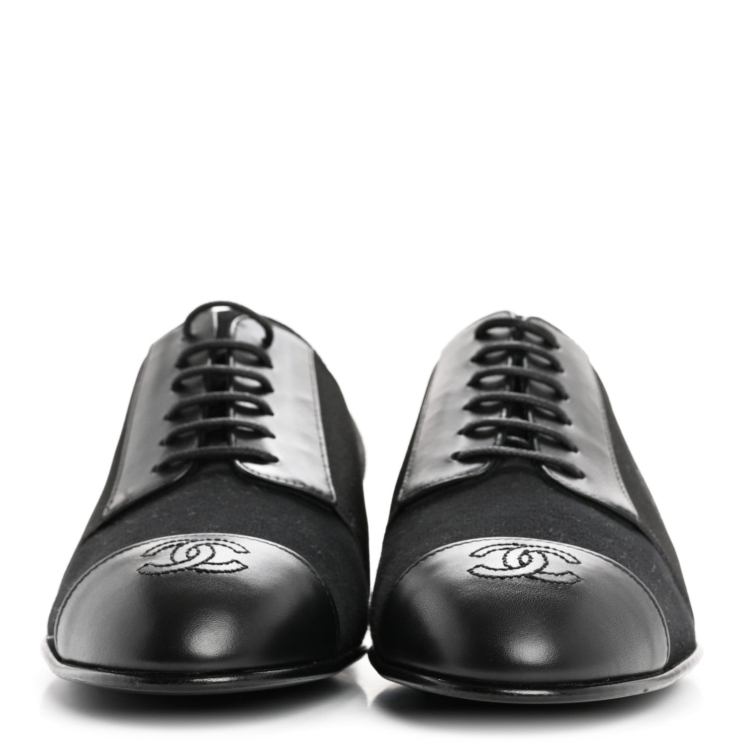 Chanel Calfskin Elastic Lace Up Cap Toe CC Loafers 37 Black 3 of 9