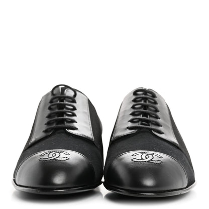 Chanel Calfskin Elastic Lace Up Cap Toe CC Loafers 37 Black 3 of 9