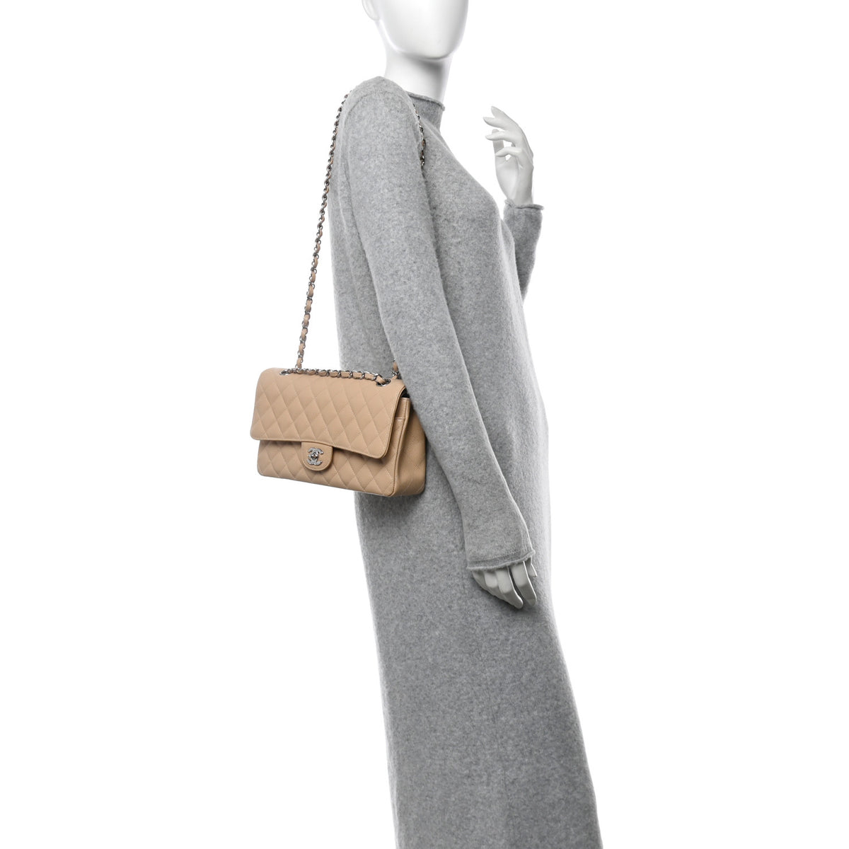 Caviar Quilted Medium Double Flap Beige