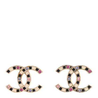 Chanel Crystal Enamel Large CC Earrings Gold Black White Pink 1 of 5