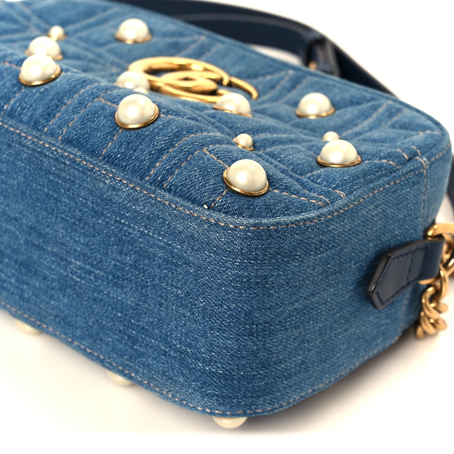 Denim Matelasse Pearl Studded Small GG Marmont Chain Shoulder Bag Blue