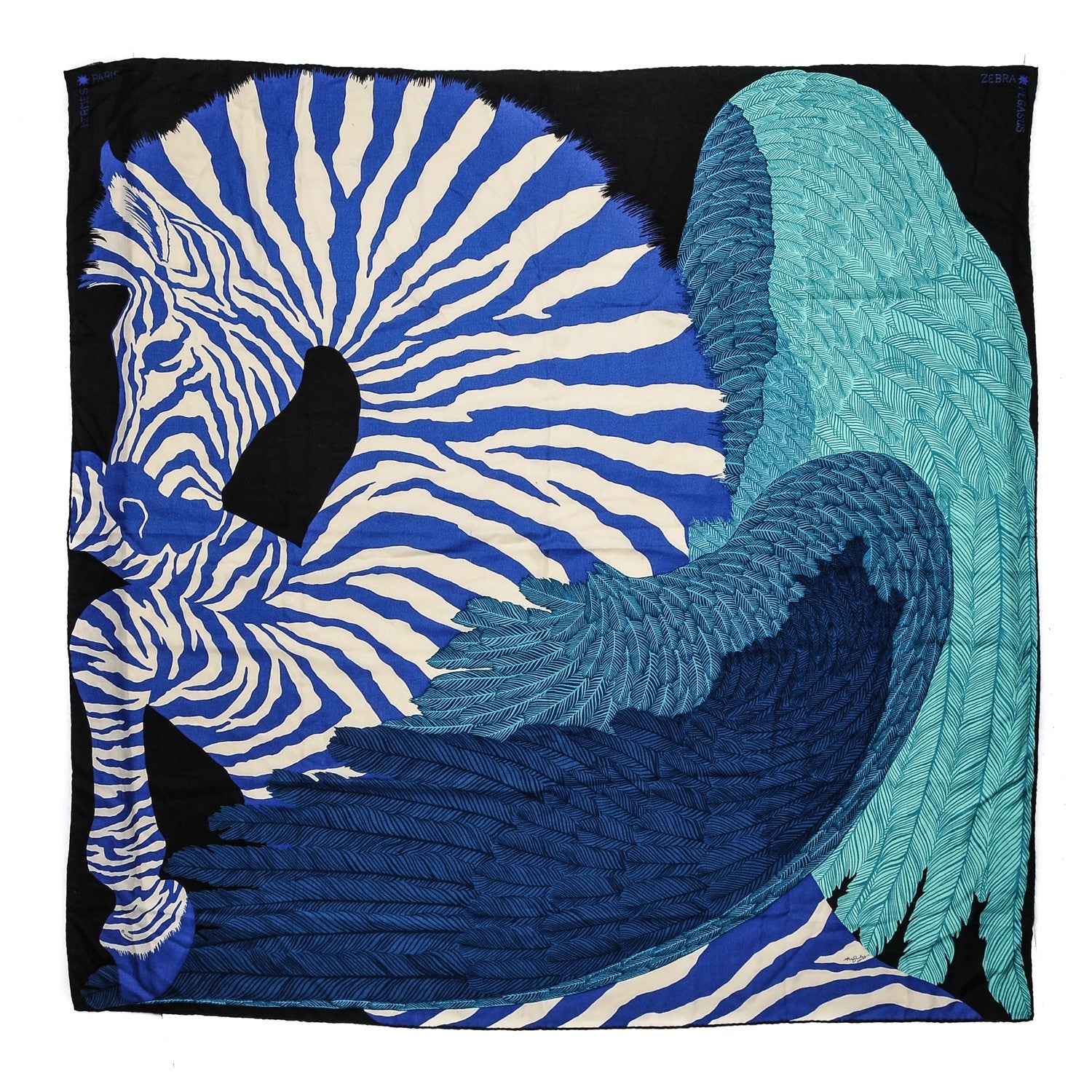 Hermes Cashmere Silk Zebra Pegasus Shawl GM 140 Caban Turquoise Bleu Klein 1 of 10