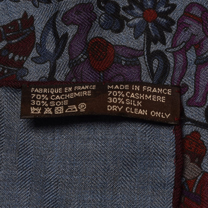 Hermes Cashmere Silk Chasse En Inde Shawl 140 Bleu Chine Violet Blue Jean 6 of 6