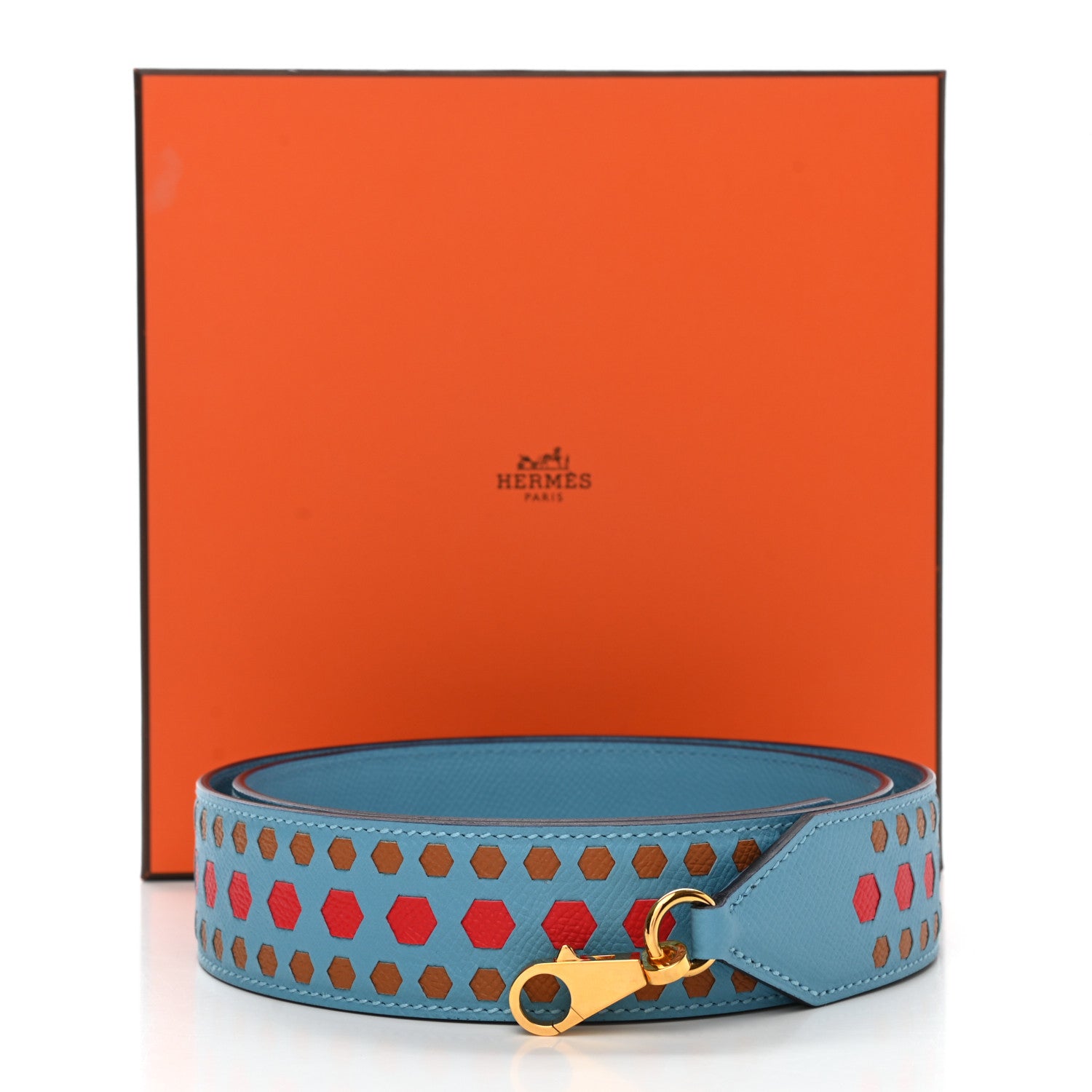 Hermes Epsom 40mm Hexagone Tressage Shoulder Strap Bleu De Nord Rouge De Coeur Gold 5 of 5