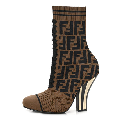 Fendi Stretch Fabric Jacquard FF Rockoko 105mm Sock Boots 36 Tobacco 1 of 7
