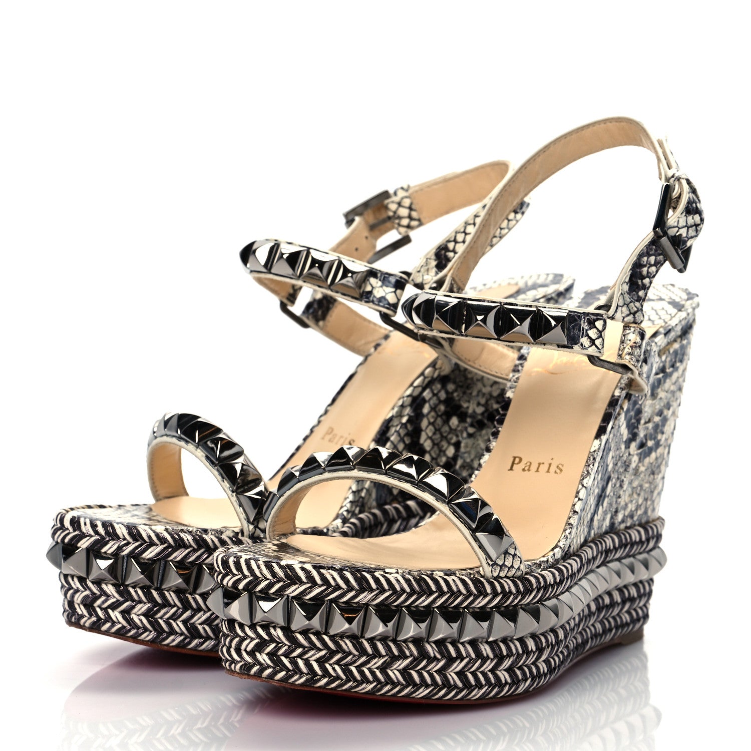 Christian Louboutin Watersnake Print Cataclou 120 Wedge Sandals 38 Roccia Gun Metal 3 of 10
