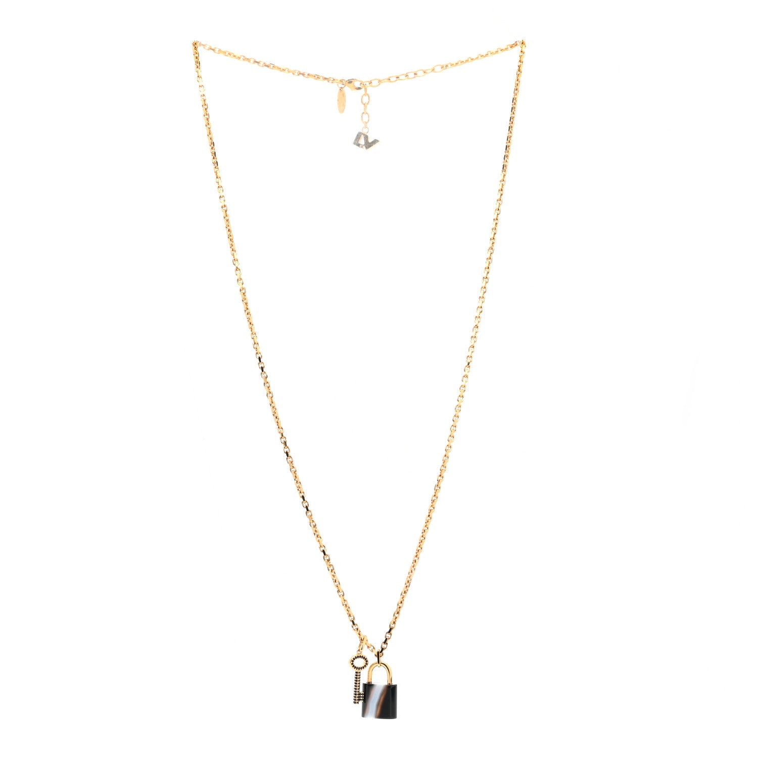 Louis Vuitton Metal Onyx Crystal Padlock And Key Pendant Necklace Gold Black 3 of 5