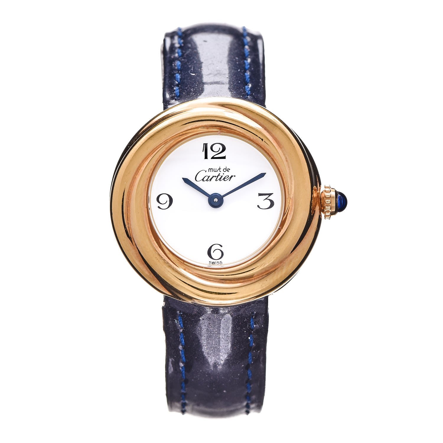 product image of CARTIER Sterling Silver 18K Yellow Gold Calfskin 26mm Must De Cartier Trinity Quartz Watch Blue FASHIONPHILE