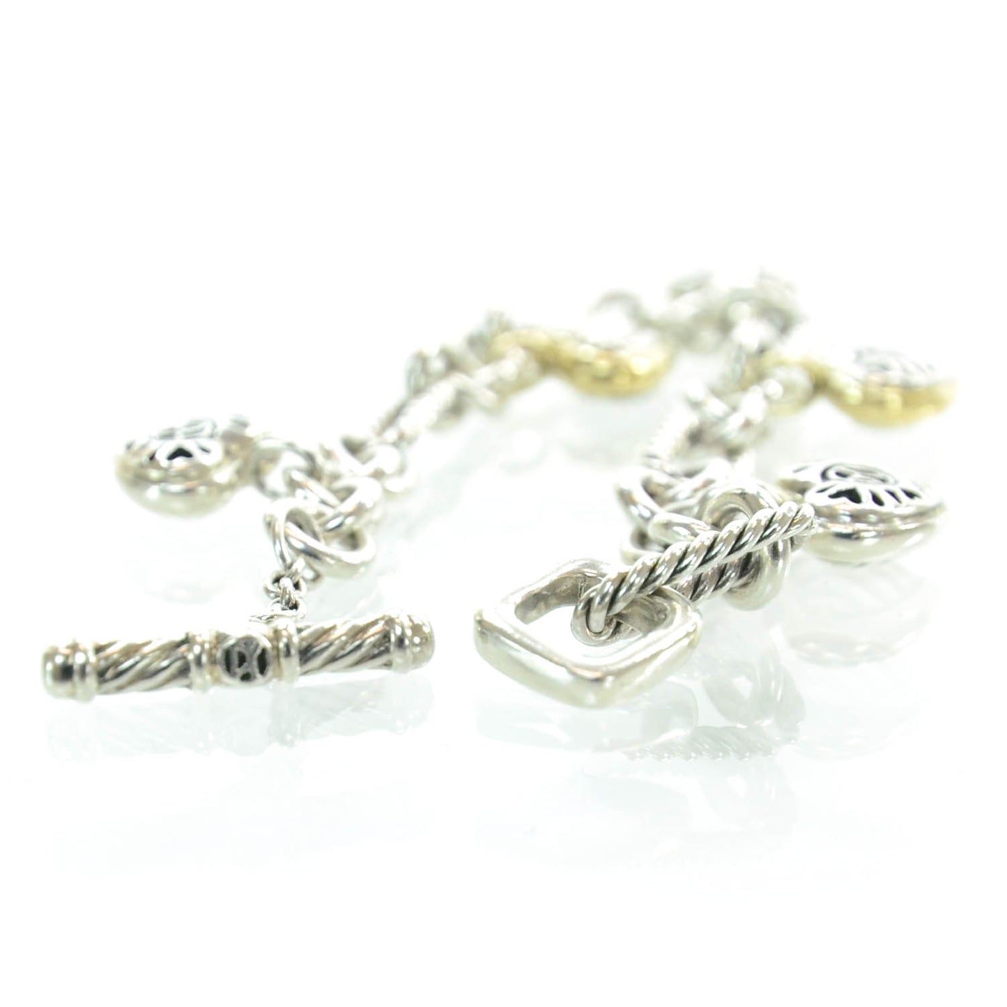 Sterling Silver 18K Yellow Gold Cable Heart 5 Charm Bracelet