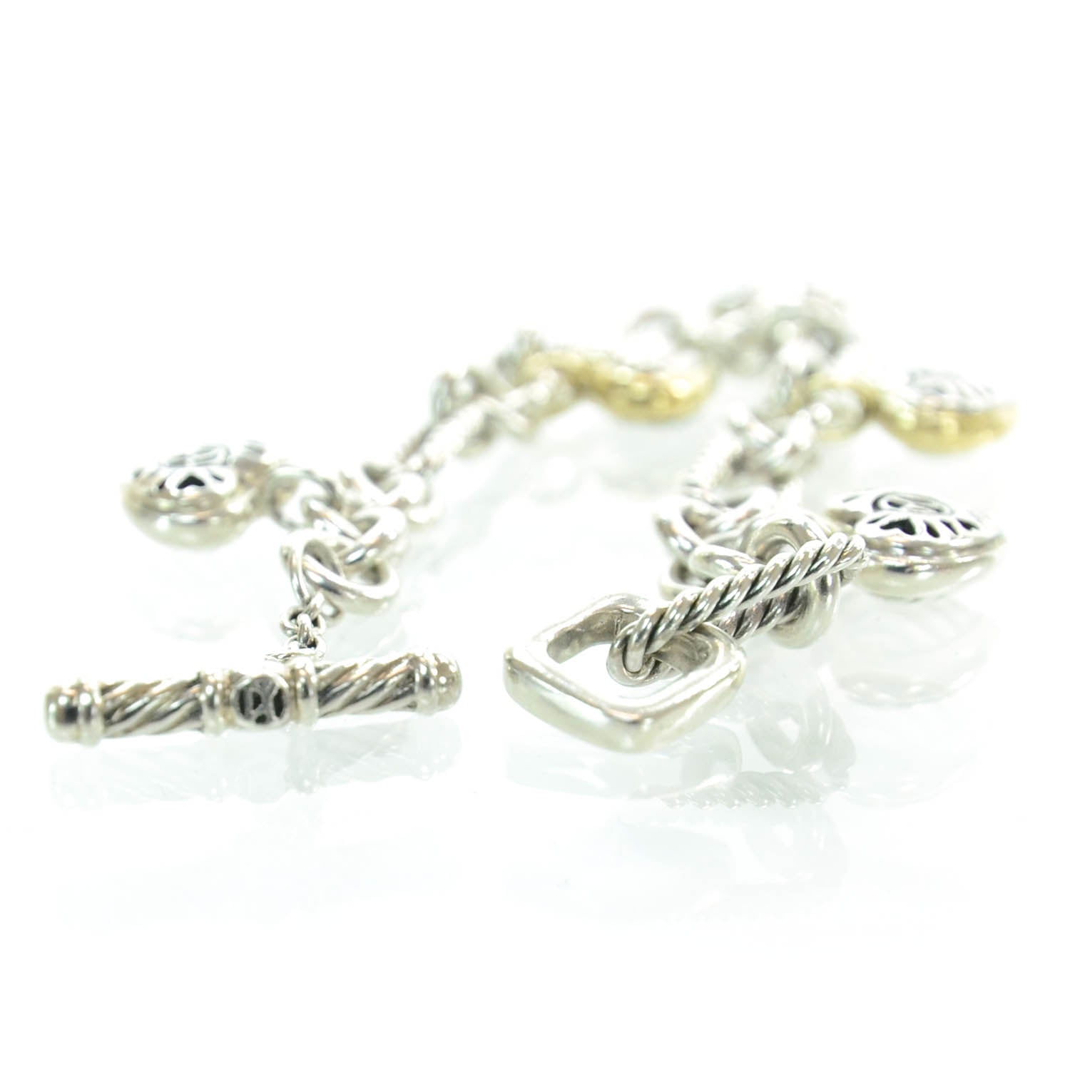 David Yurman Sterling Silver 18K Yellow Gold Cable Heart 5 Charm Bracelet 4 of 5