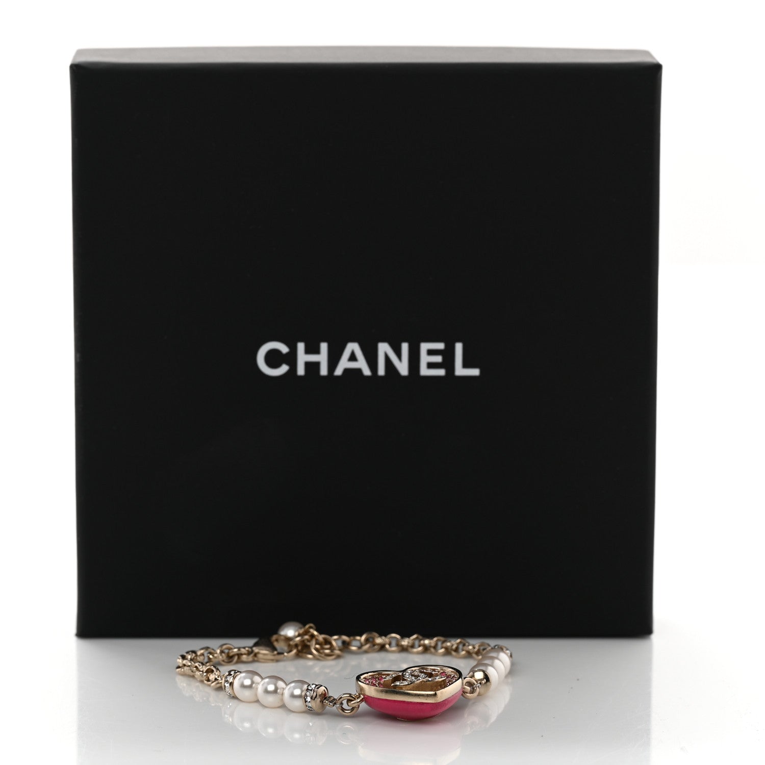 Chanel Resin Crystal Pearl Chain Heart CC Bracelet Pink White Gold 7 of 7