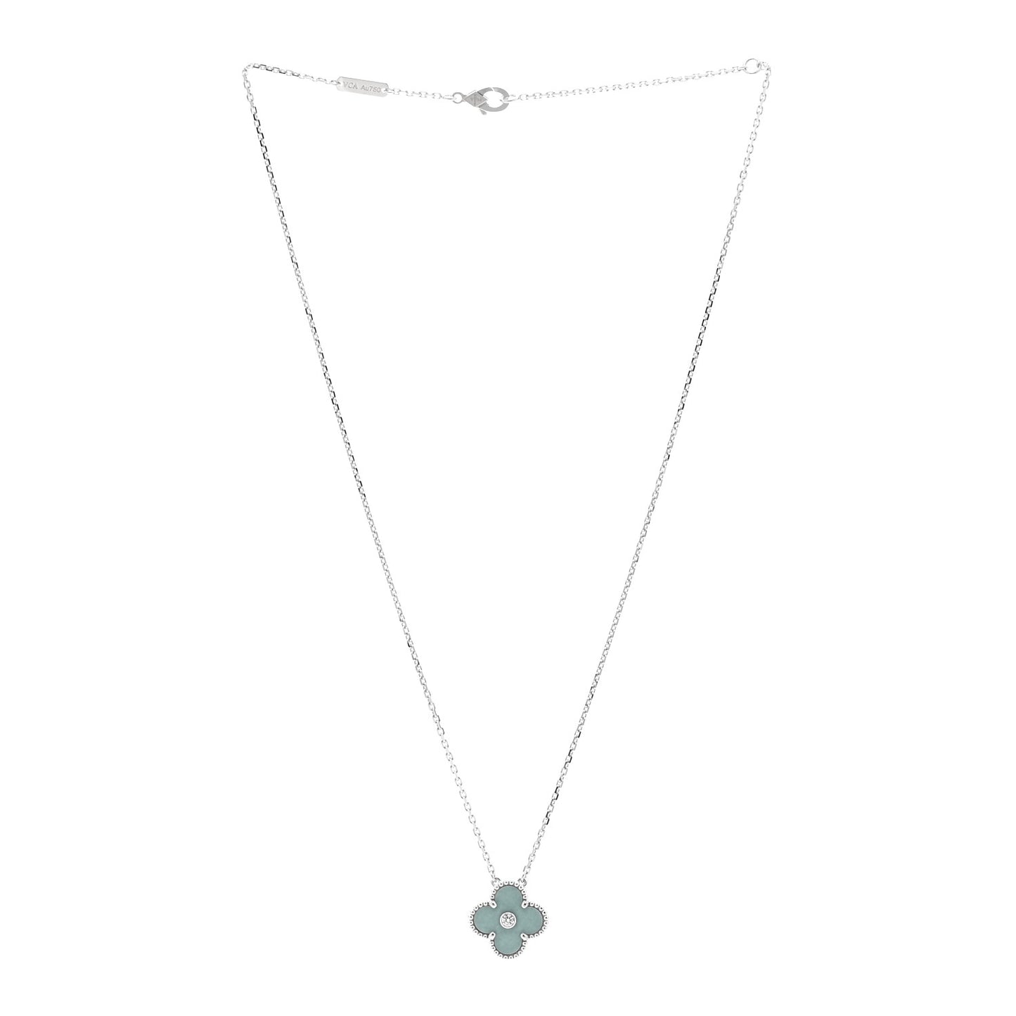 18K White Gold Diamond Celadon Green Sevres Porcelain Vintage Alhambra Pendant Necklace