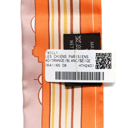 Hermes Silk Les Chiens Parisiens Twilly Orange White Beige 3 of 4
