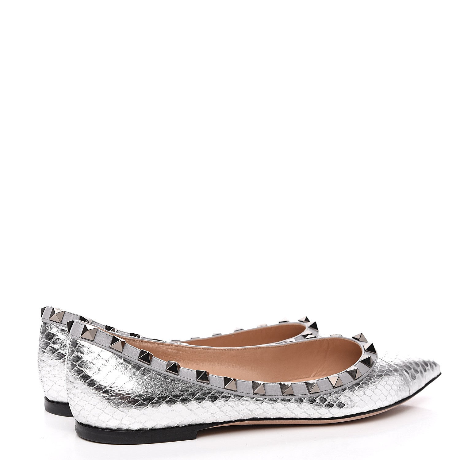 Valentino Garavani Metallic Elaphe Snakeskin Rockstud Ballerina Flats 37 Silver 4 of 8