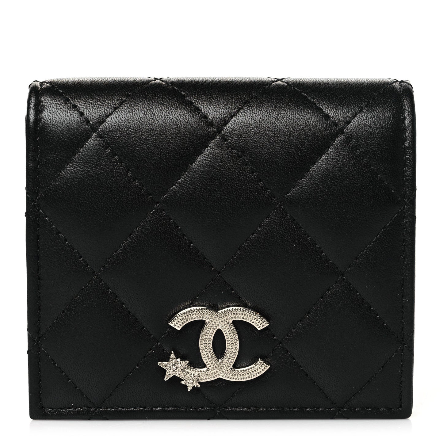 Lambskin Quilted Crystal Star CC Compact Bifold Wallet Black