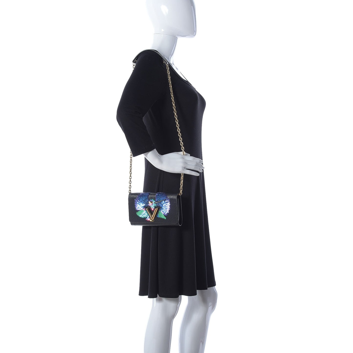 Epi Sequin Bird Twist Chain Wallet PM Black