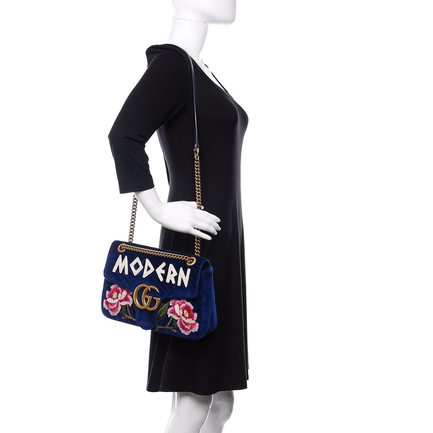 Gucci Velvet Matelasse Modern Embroidered Medium GG Marmont Shoulder Bag Cobalt 2 of 12