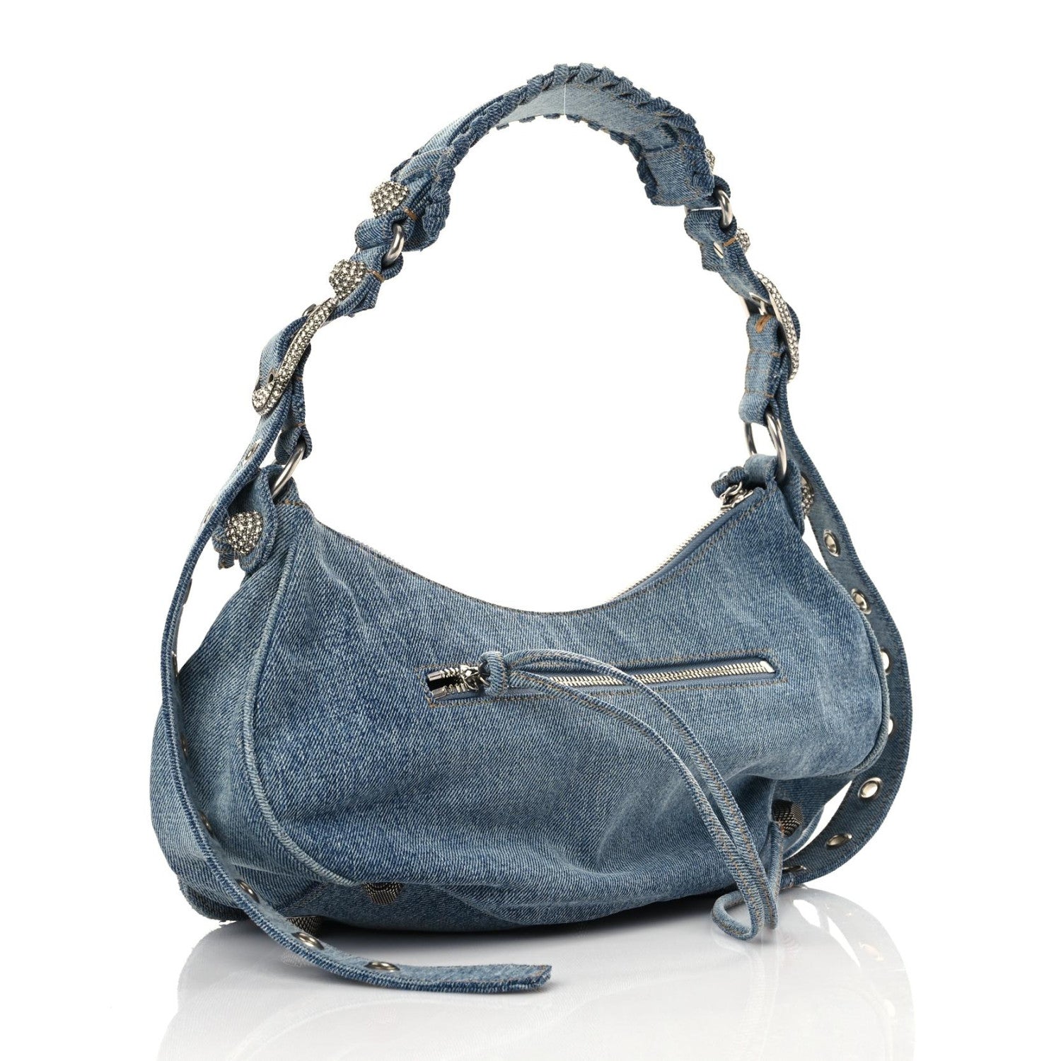 Balenciaga Washed Frayed Denim Crystal Small Le Cagole Shoulder Bag Blue 3 of 8