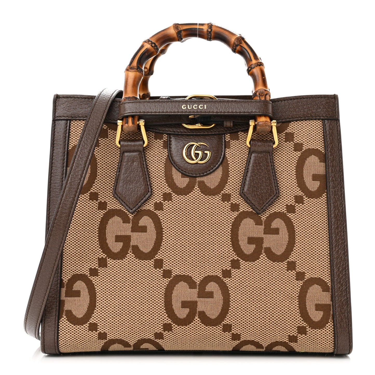 Monogram Jumbo GG Textured Dollar Calfskin Small Diana Tote Bag Camel Ebony New Acero