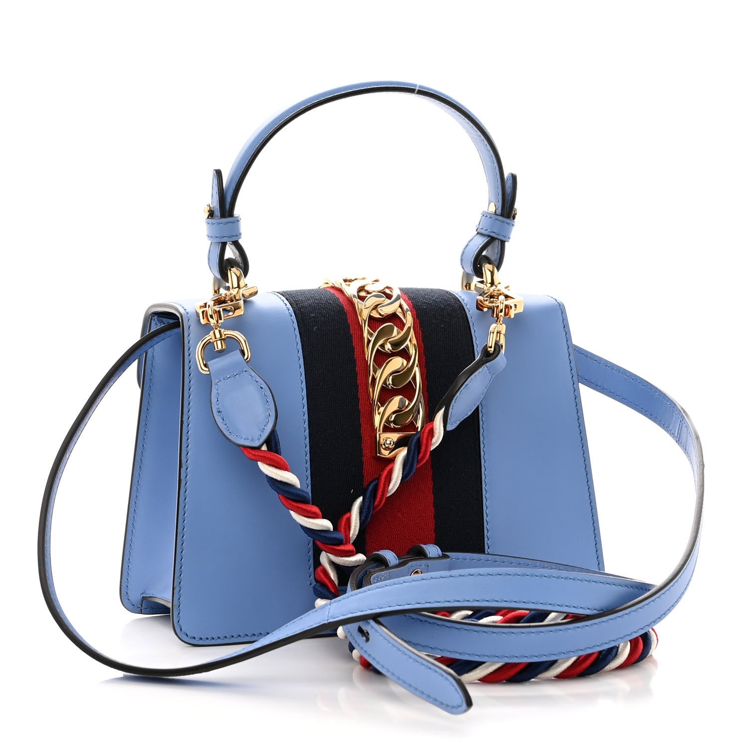 Gucci Vitello Fontanella Web Mini Sylvie Top Handle Bag Clear Sky Blue 3 of 11