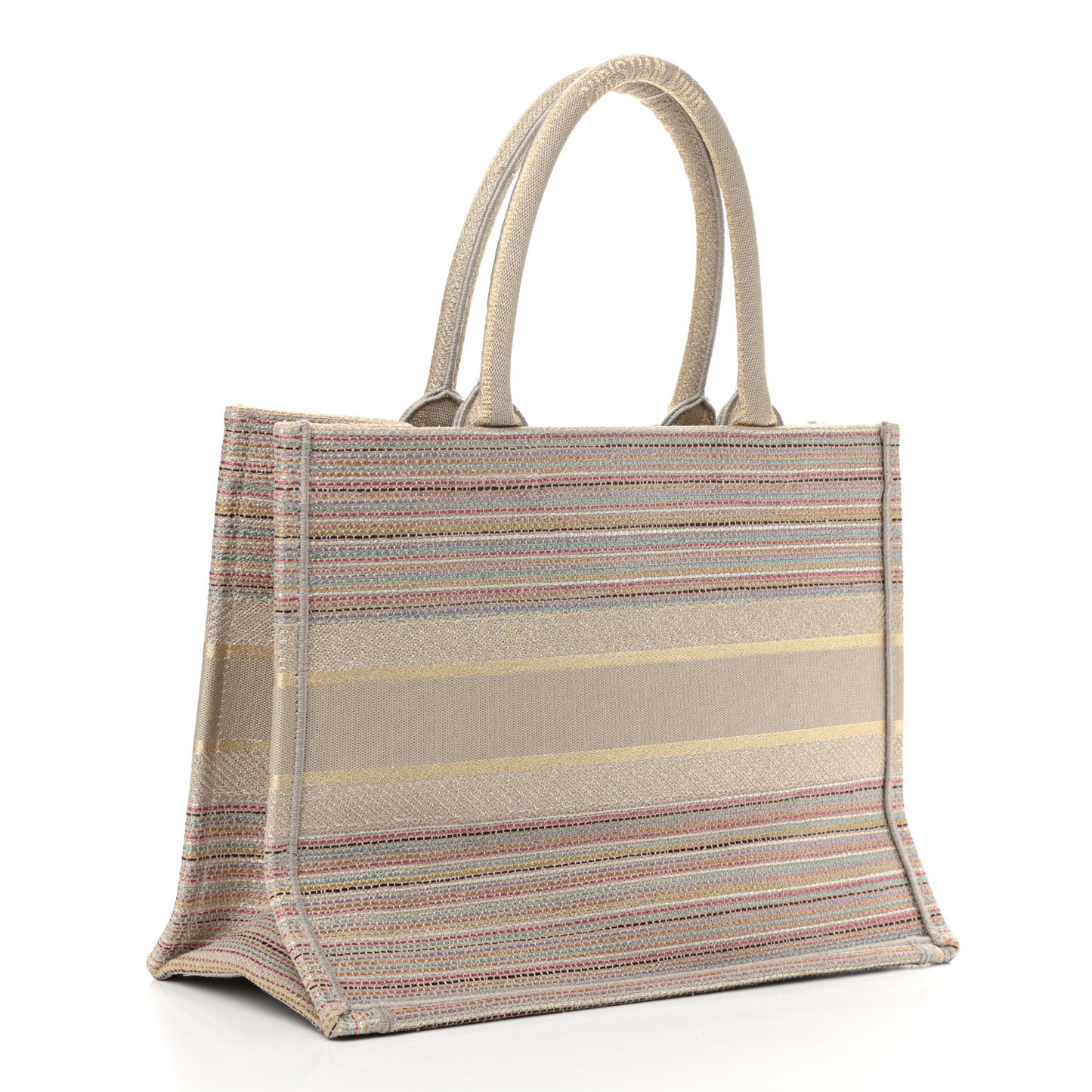 Canvas Embroidered Medium Stripes Book Tote Beige Multicolor