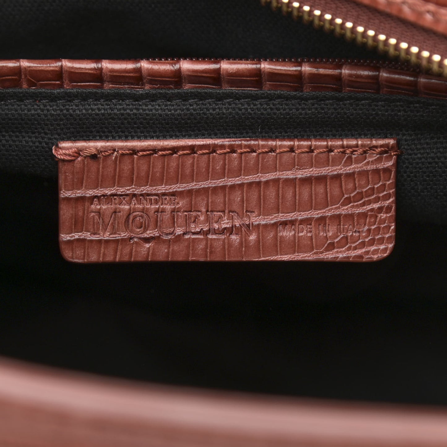 Calfskin Lizard Embossed Small Skull Padlock Zip Around Tote Brown