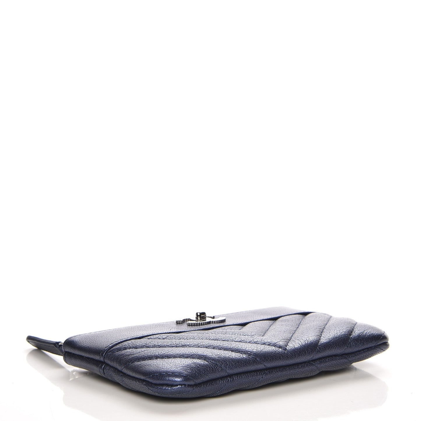 Metallic Sheepskin Chevron Quilted Small Vintage Mademoiselle Cosmetic Case Navy