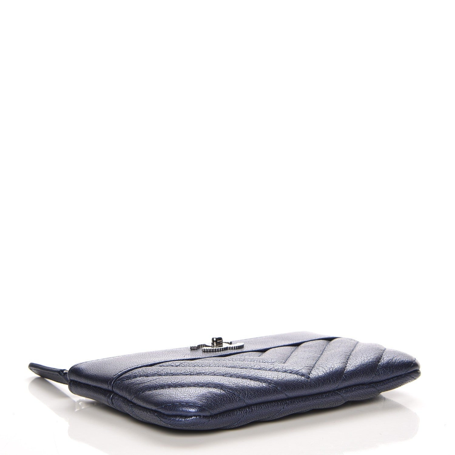 Chanel Metallic Sheepskin Chevron Quilted Small Vintage Mademoiselle Cosmetic Case Navy 4 of 8