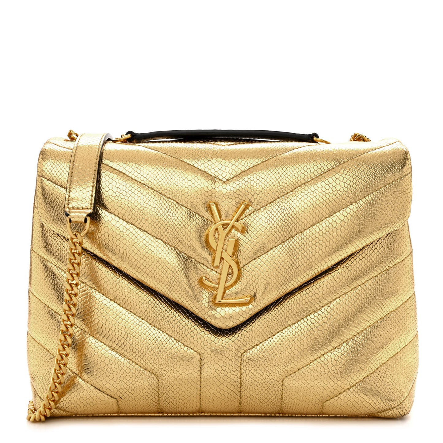 Snake Embossed Lame Y Quilted Small Loulou Monogram Chain Satchel Oro