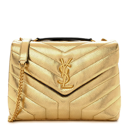 Saint Laurent Snake Embossed Lame Y Quilted Small Loulou Monogram Chain Satchel Oro 1 of 10