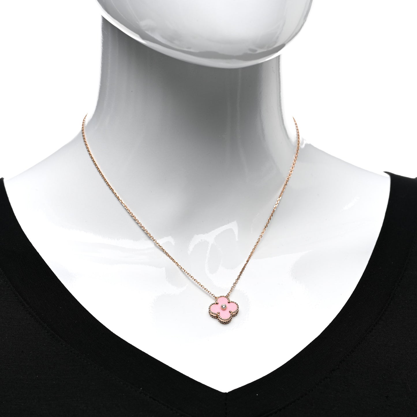 18K Rose Gold Diamond Pink Porcelain Vintage Alhambra Pendant Necklace