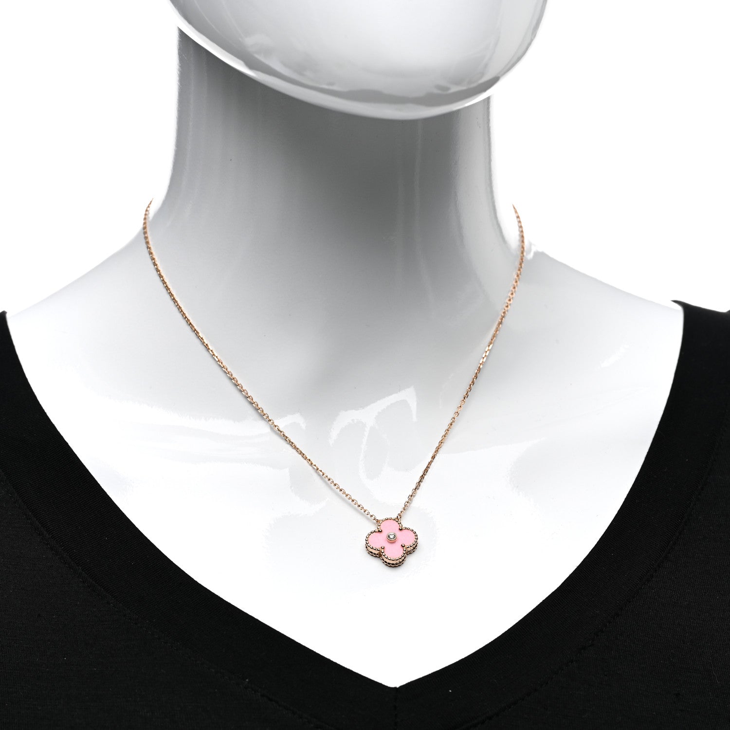 Van Cleef & Arpels 18K Rose Gold Diamond Pink Porcelain Vintage Alhambra Pendant Necklace 2 of 6